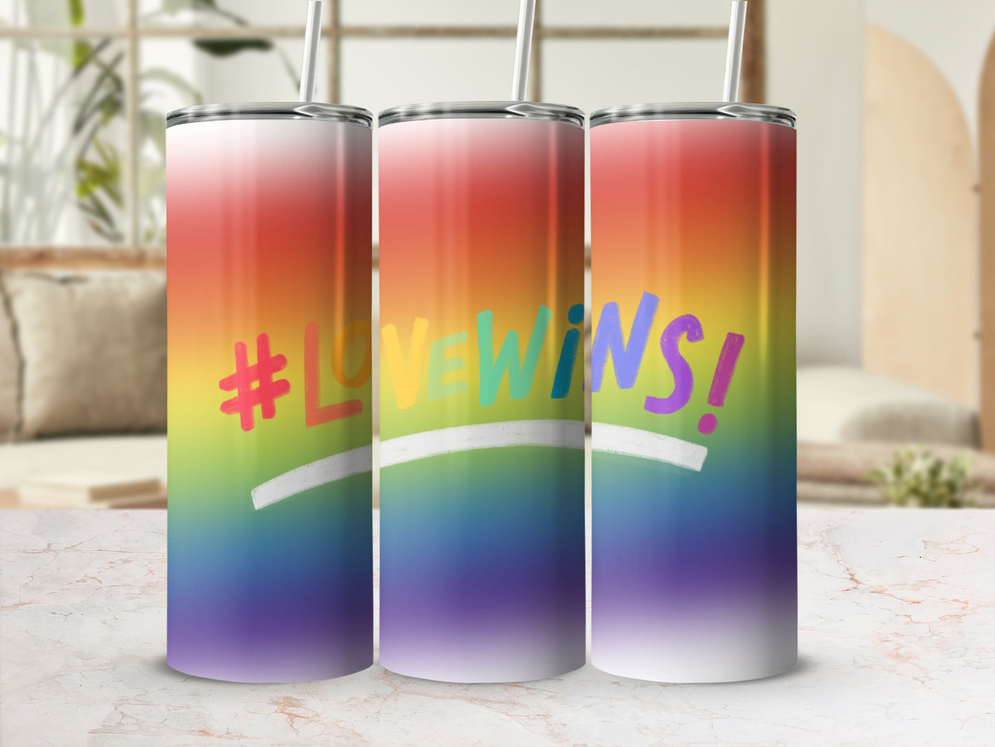 Three tumblers with rainbow stripes and "#LOVEWINS!" text.