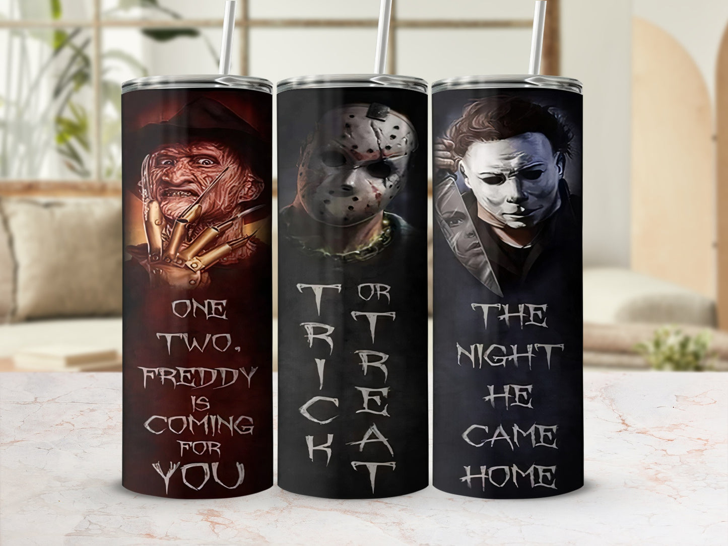 Three tumblers feature horror movie villains: Freddy, Jason, and Michael Myers, with quotes.