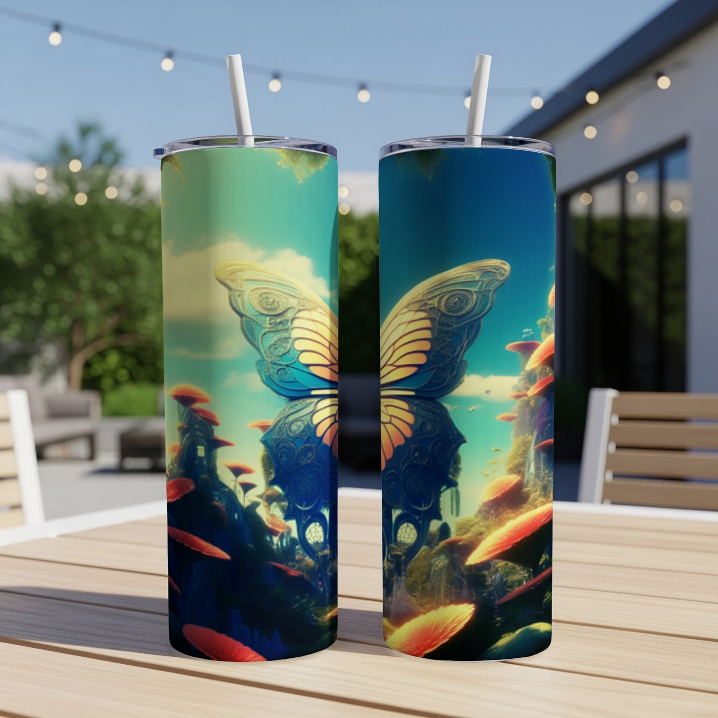 Two tumblers with butterfly wings and mushroom fantasy landscape design.