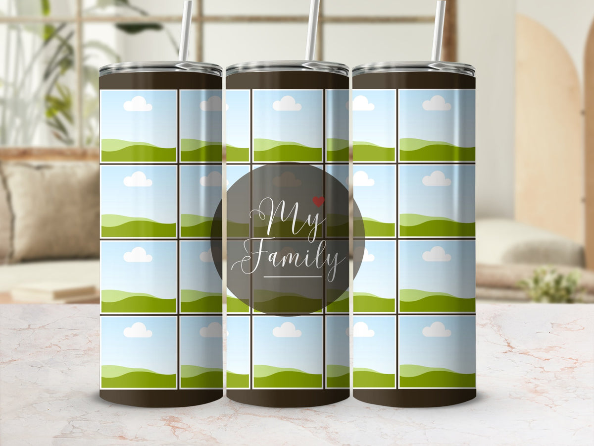 Tumbler with repeating landscape photo frames and "My Family" text.