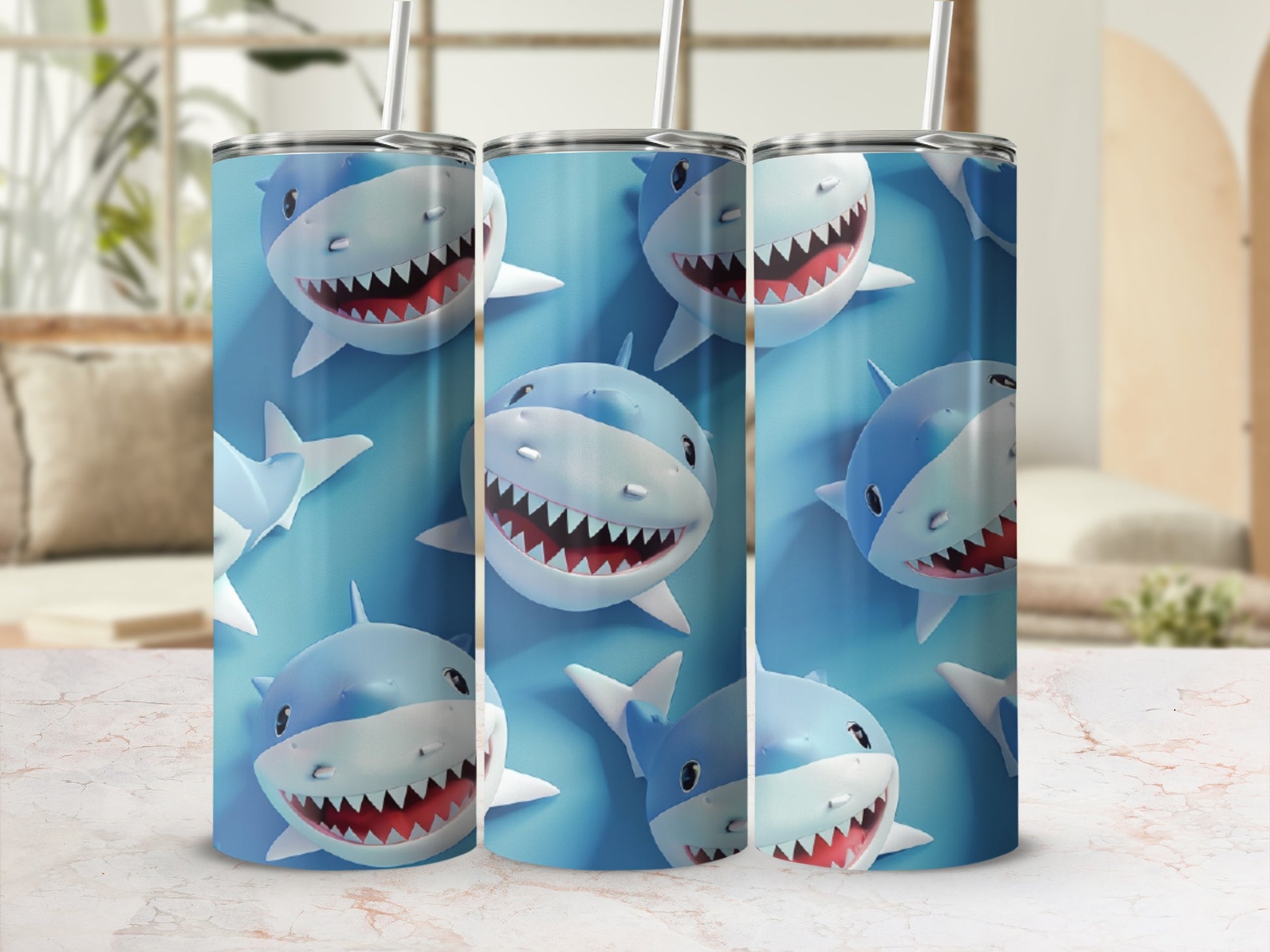Three stylized cartoon sharks with wide mouths and sharp teeth on a blue background.