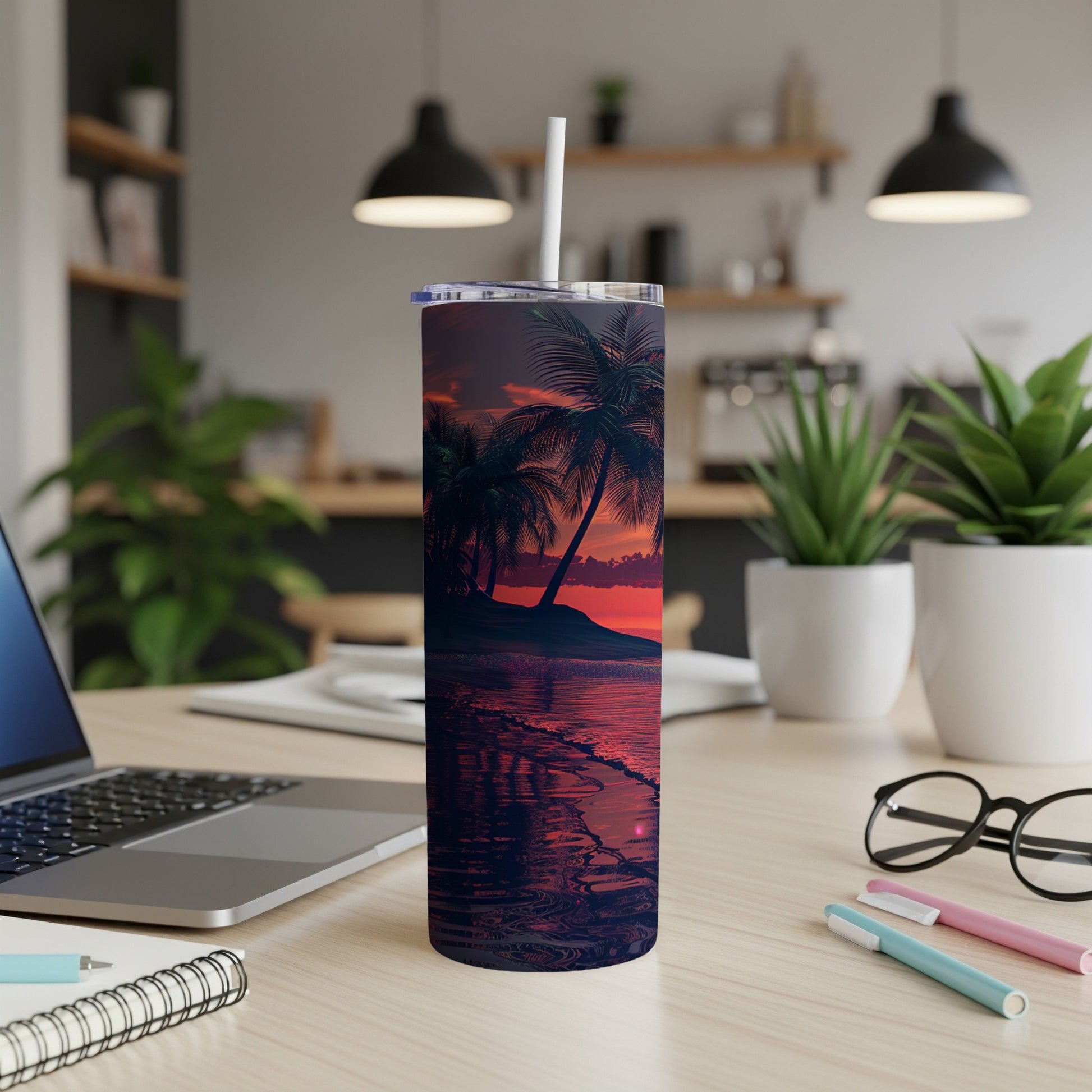 Sunset beach scene with palm trees reflected on wet sand, on a tumbler.