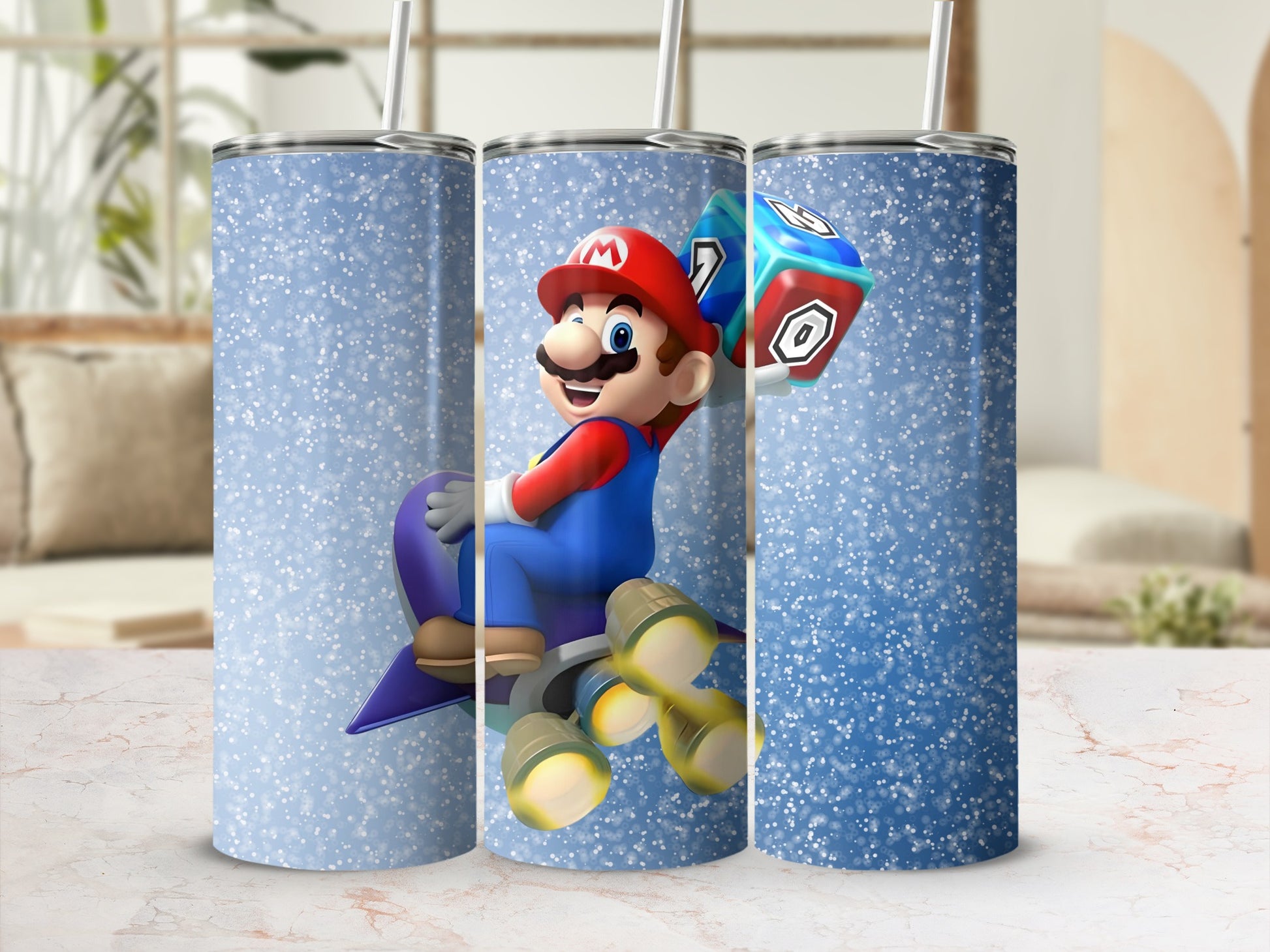 Mario Character Design on Blue Sparkle Tumbler Product