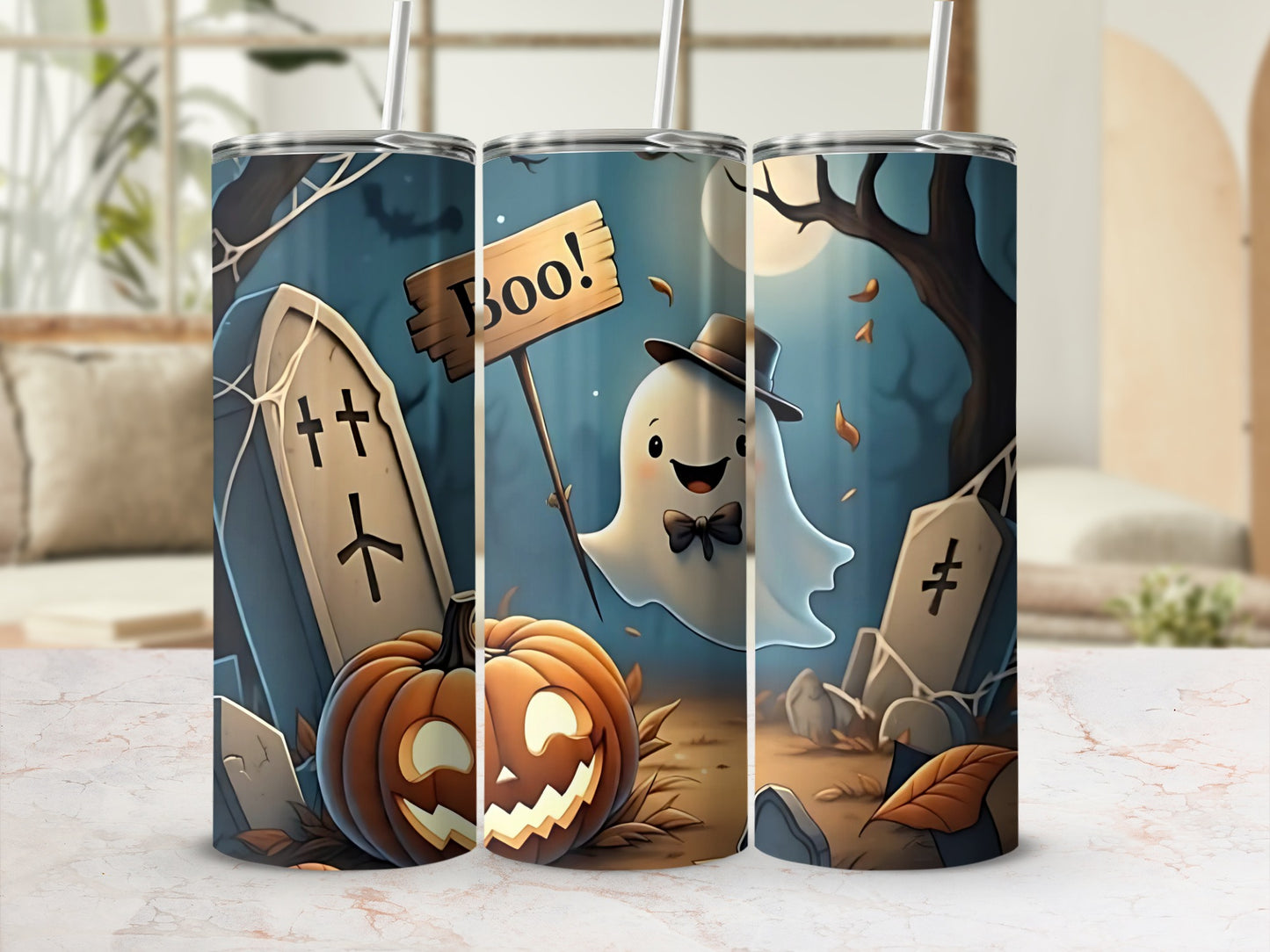 Boo Ghost with Pumpkin Graveyard Halloween Tumbler