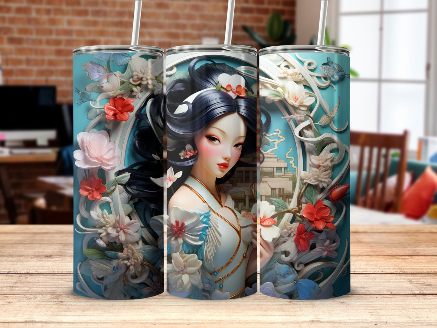 Elegant Floral Asian Woman Tumbler with Straw