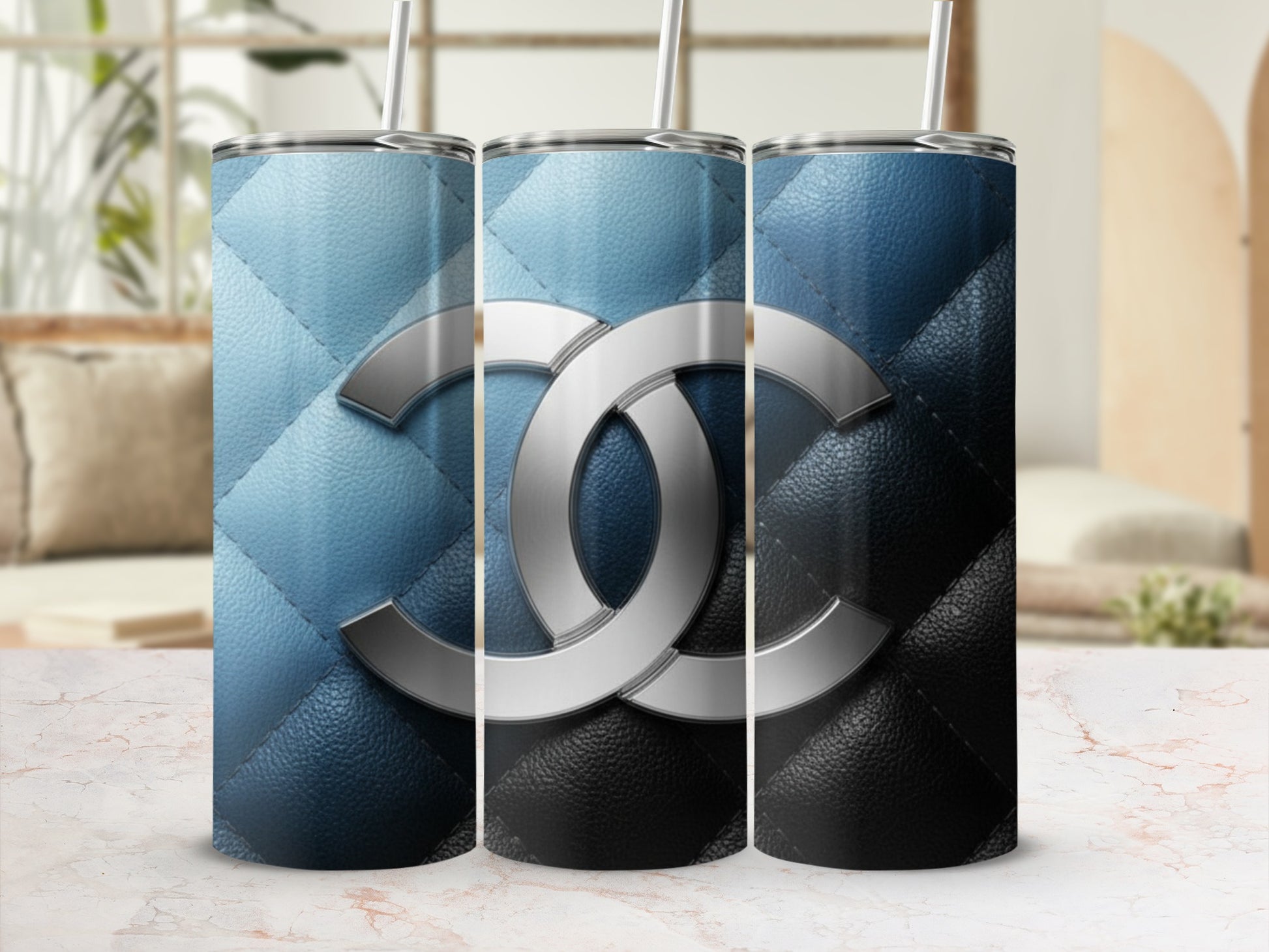Blue and Black Gradient Tumbler with CC Monogram Design