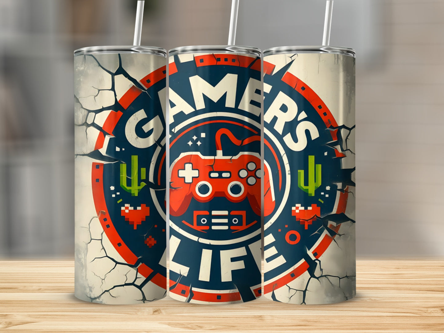 Gamer's Life tumbler with video game controller and cacti design.