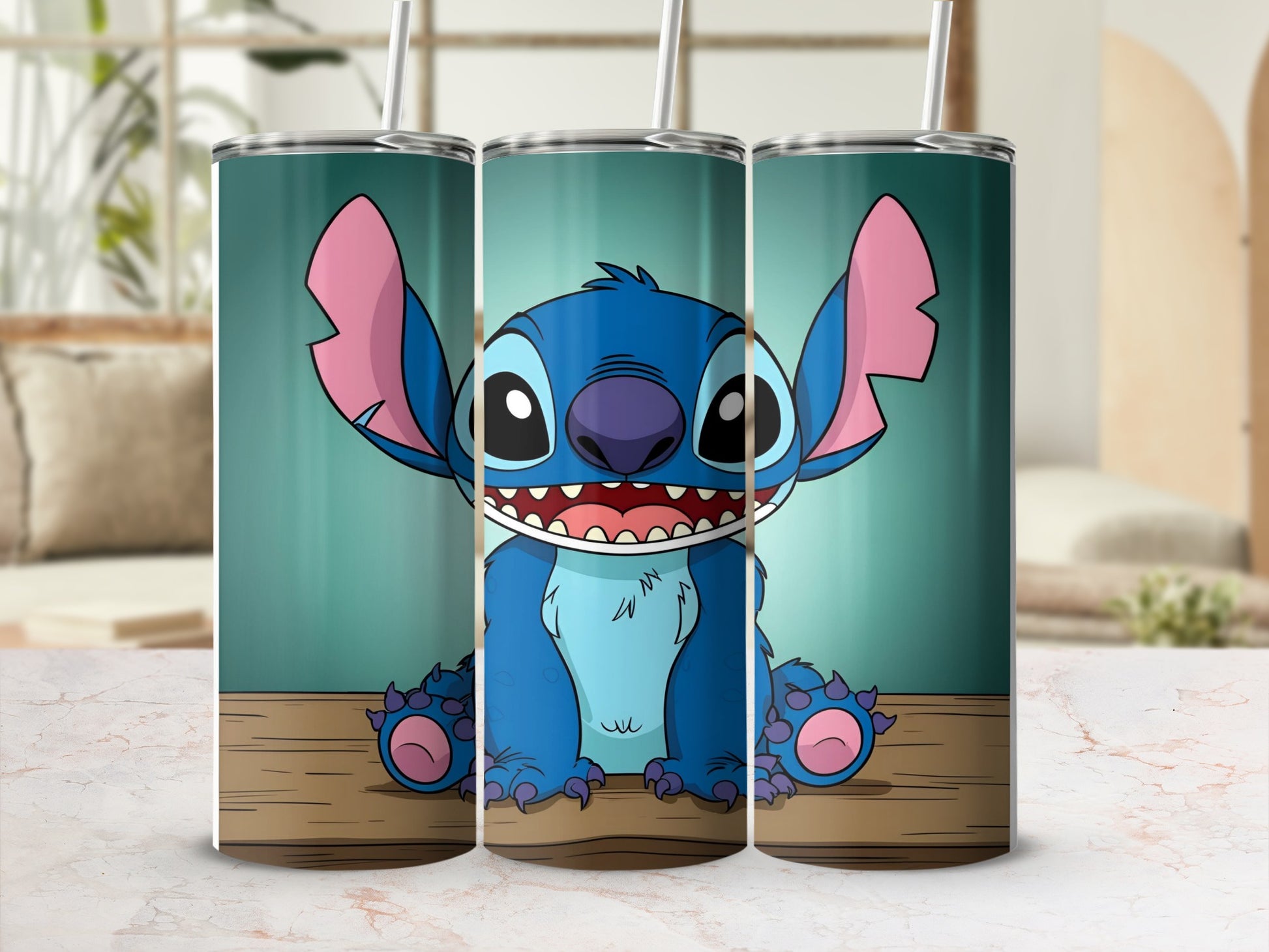 Blue Stitch character with open mouth sitting on wooden surface.