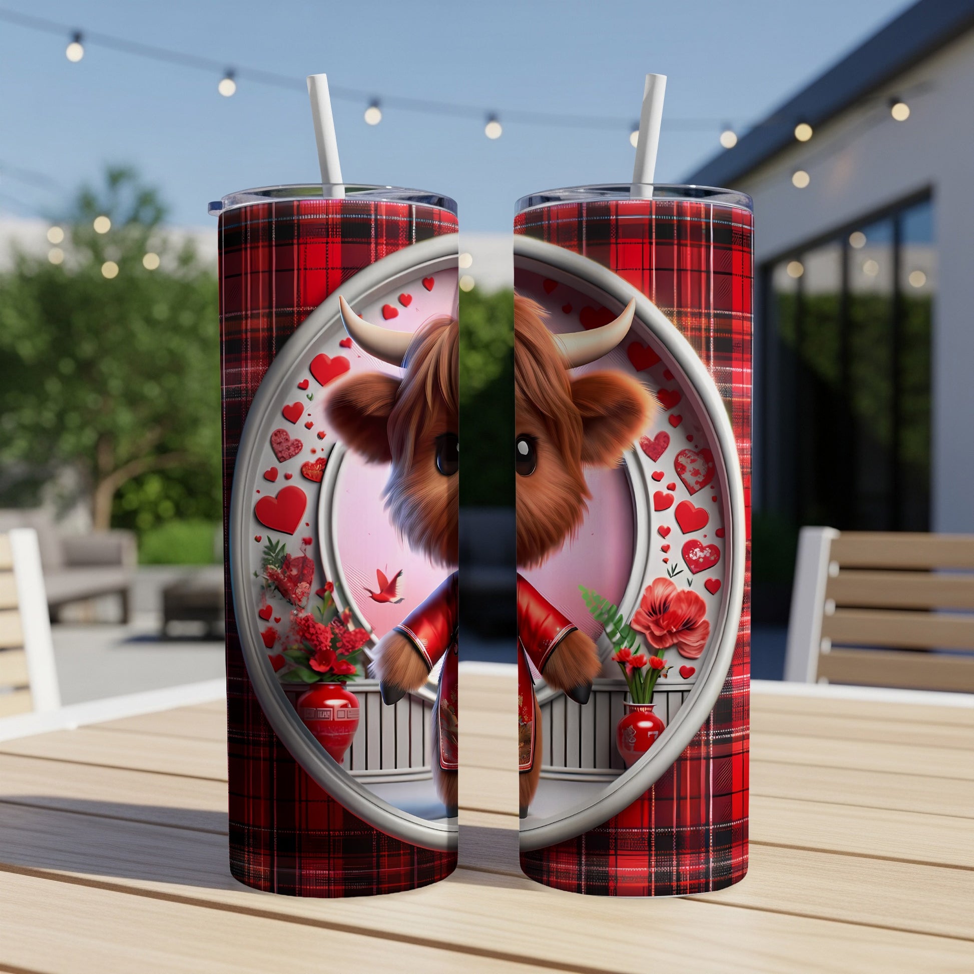 Highland cow in red plaid heart design on double-sided tumbler.