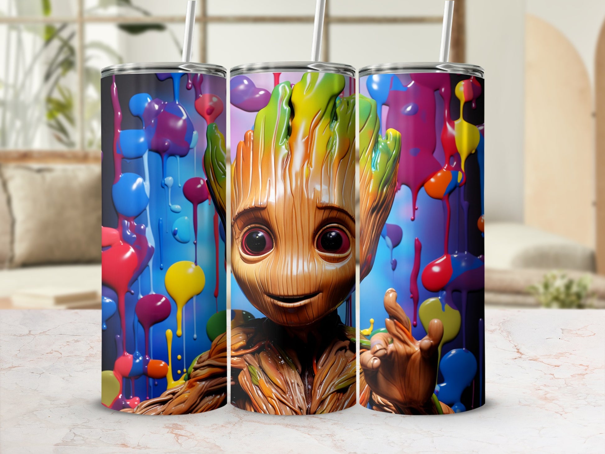 Colorful Groot Art with Dripping Paints Tumbler
