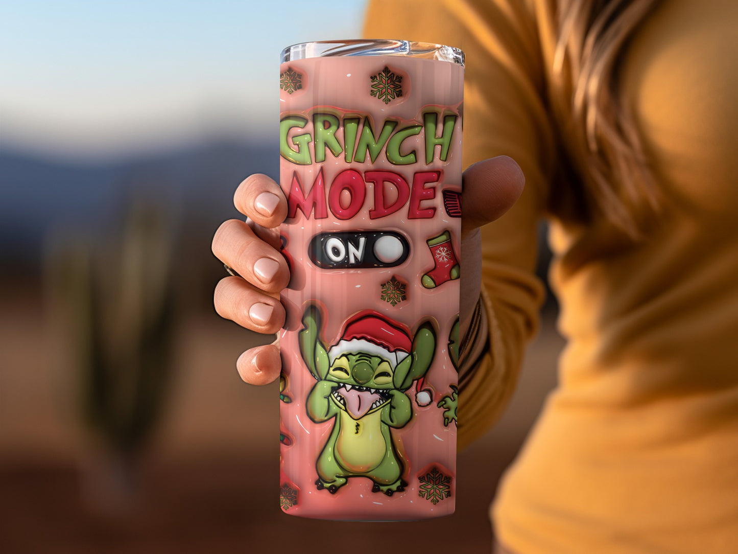 Grinch Mode On Christmas Tumbler With Santa Hat