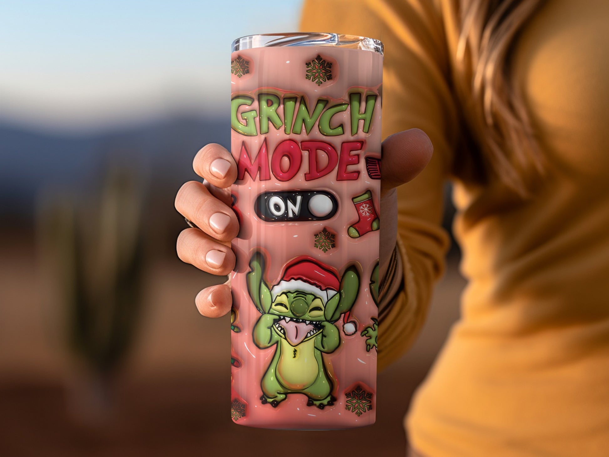 Grinch Mode On Christmas Tumbler With Santa Hat