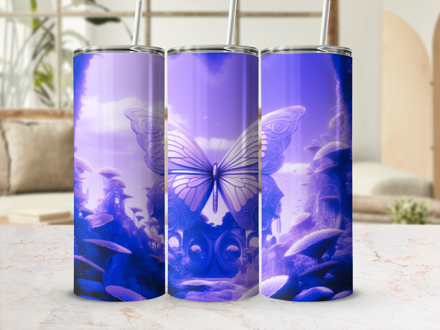 Purple butterfly and fantasy landscape design on three tumblers.