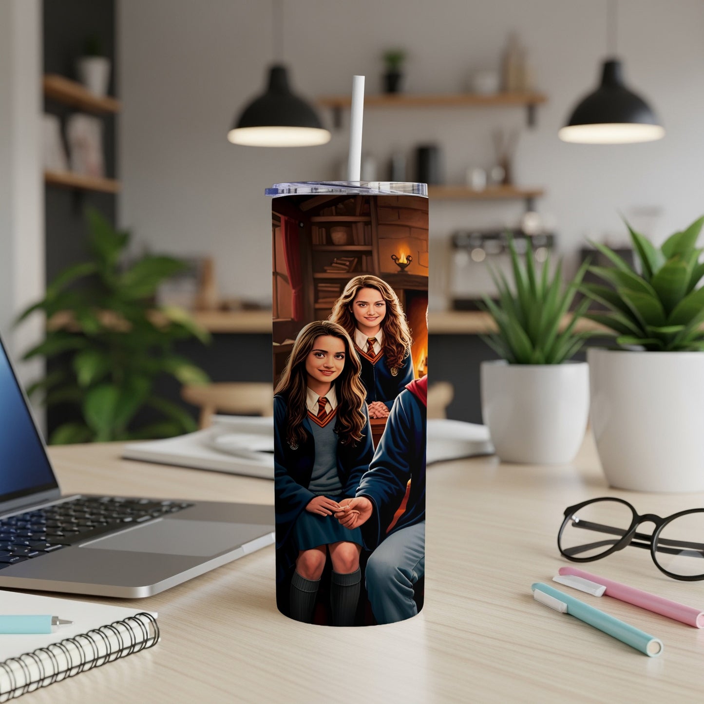 Tumbler featuring three Harry Potter characters, possibly Hermione, Ron, and Harry.