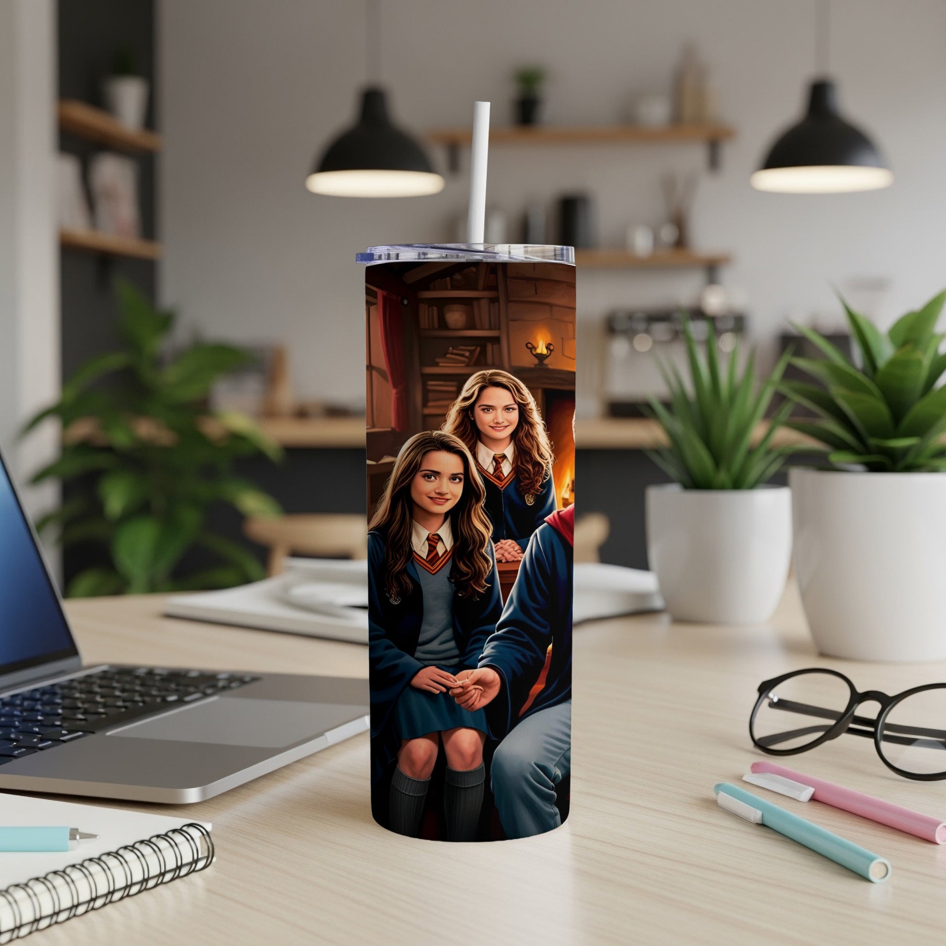 Tumbler featuring three Harry Potter characters, possibly Hermione, Ron, and Harry.
