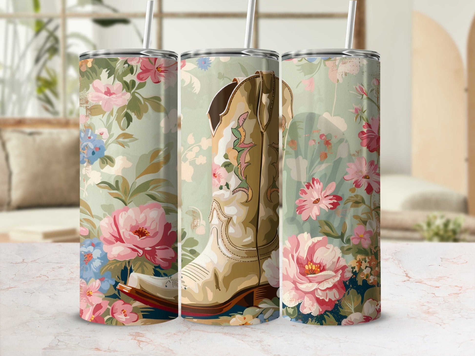 Cowboy boot with floral pattern on tumbler.