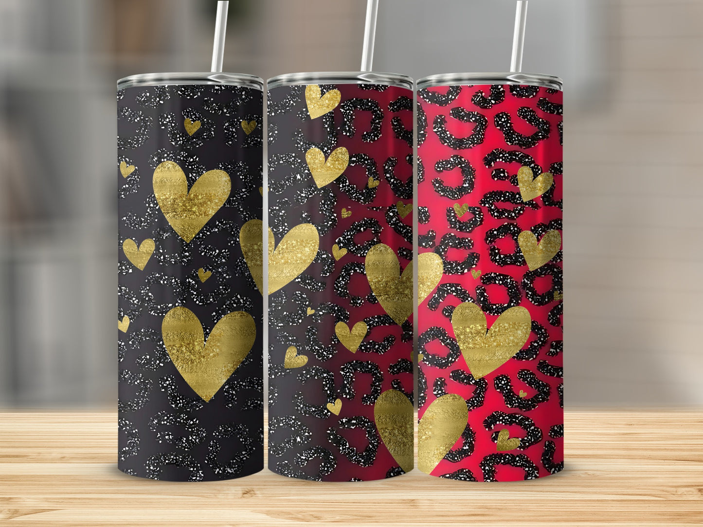 Glittery Gold Hearts and Leopard Print Tumbler Design
