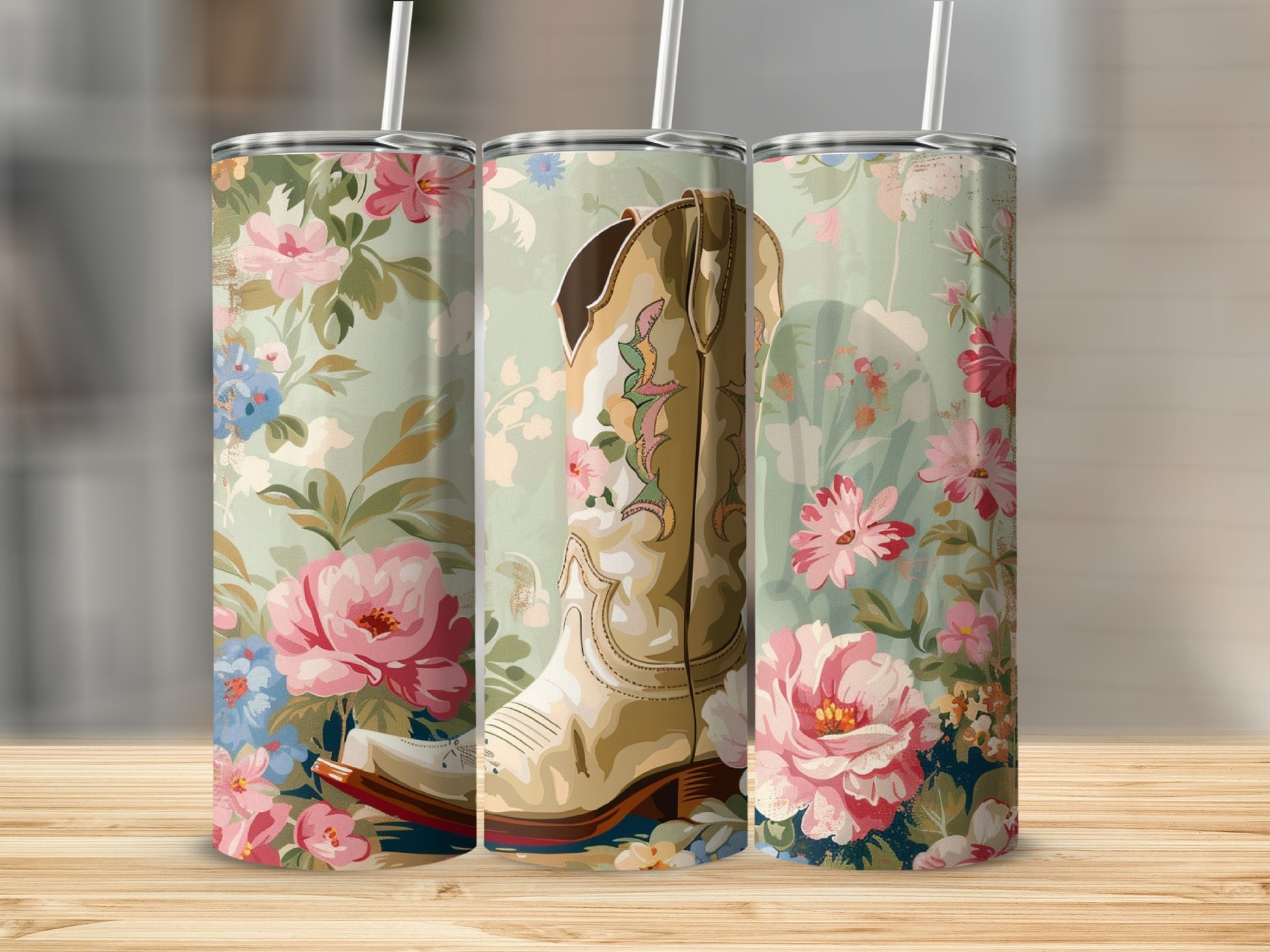 Cowboy boot on floral background with straw.