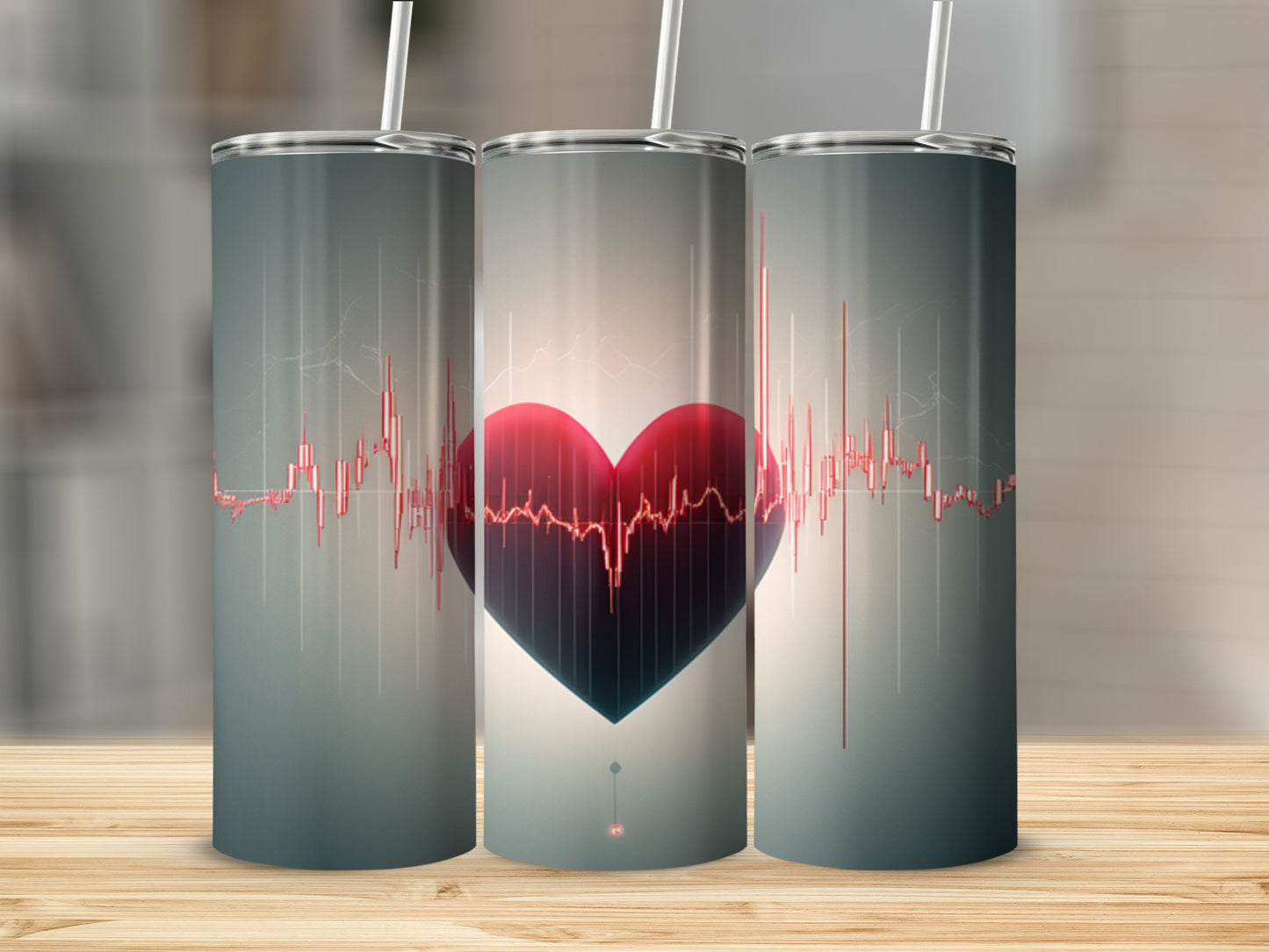 Tumbler with a red heart and heartbeat graphic.