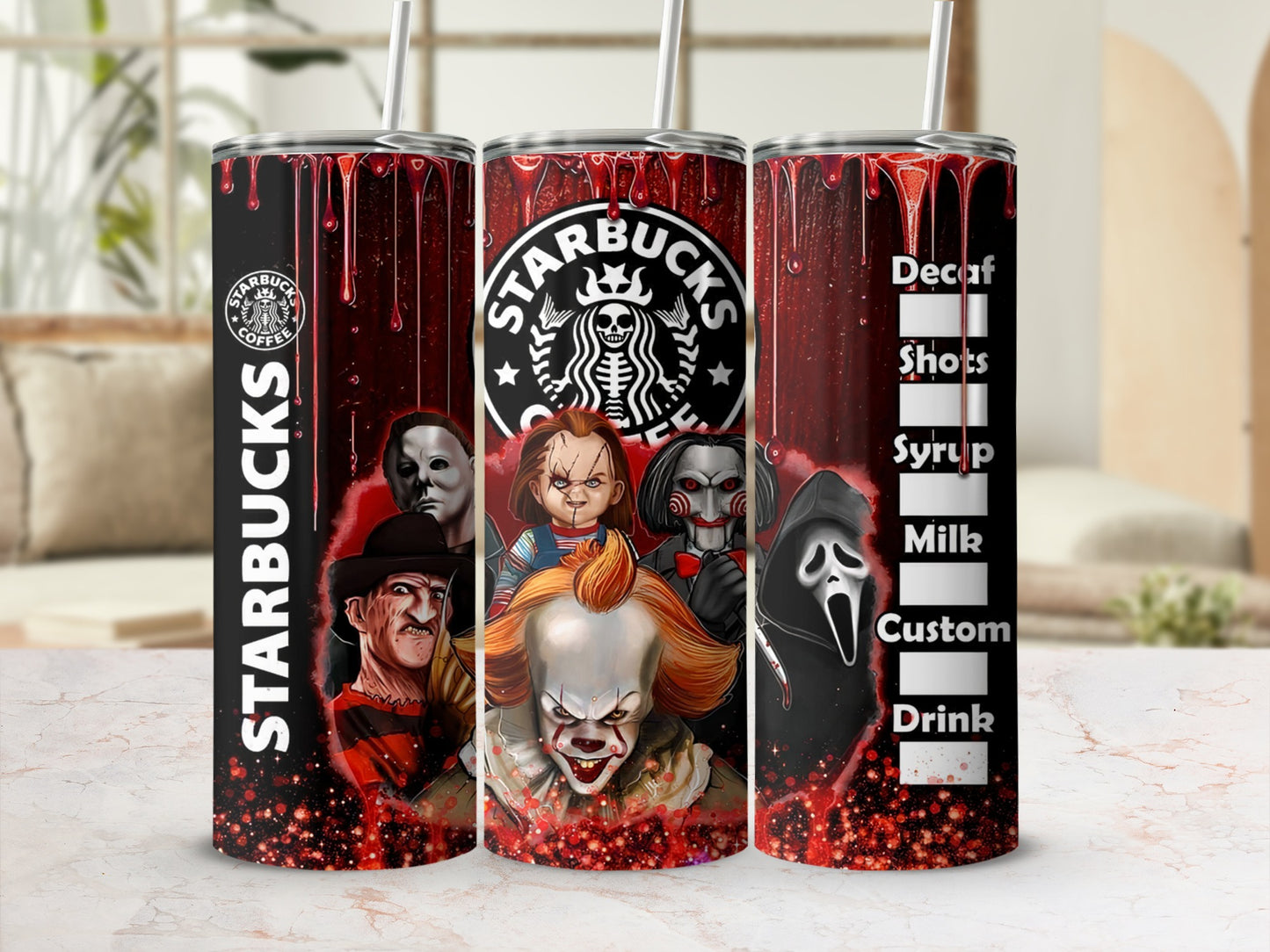 Horror movie characters on a Starbucks tumbler with Decaf, Shots, Syrup, Milk, Custom text.