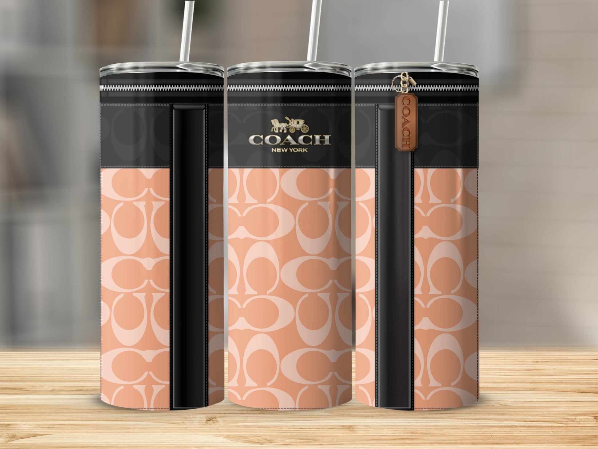 Coach New York Faded Peach and Black Tumbler with Straw