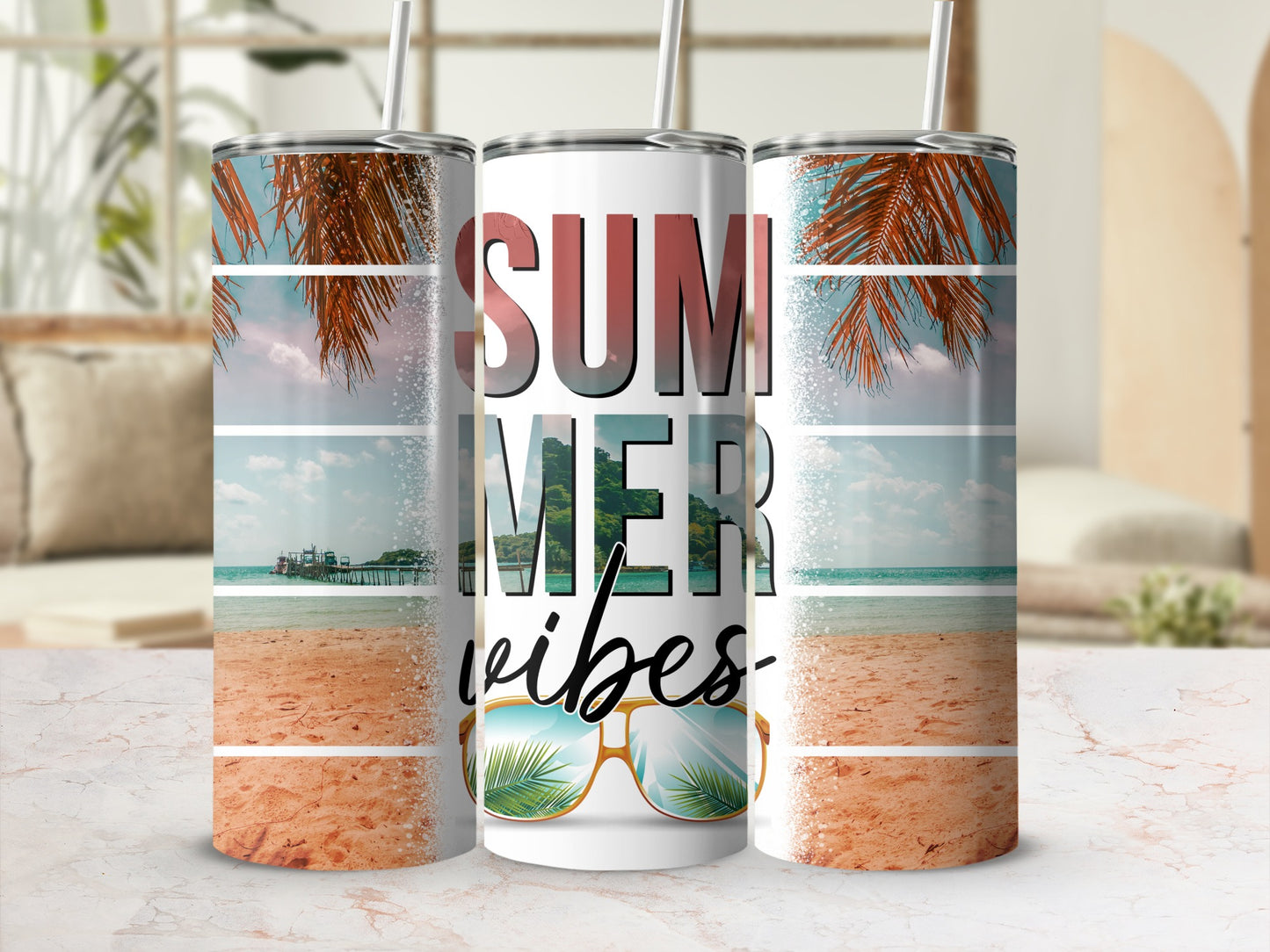 Tumbler with "Summer Vibes" text, sunglasses, and beach scene collage.
