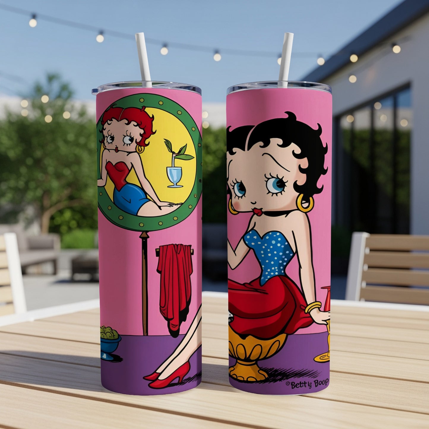 Betty Boop tumbler featuring her iconic character on a pink background.