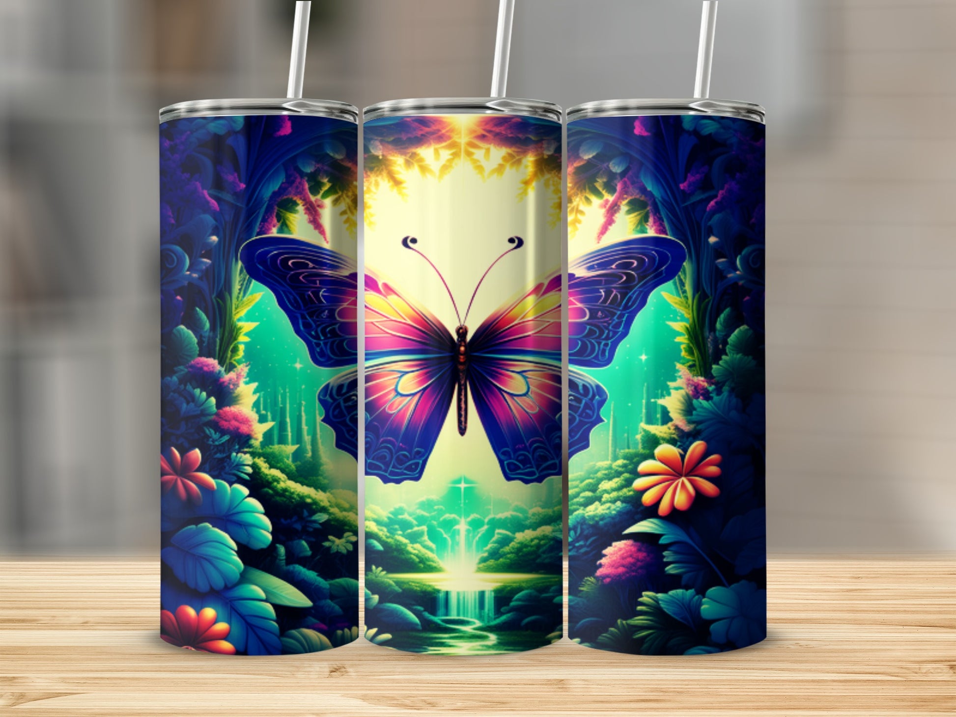 Tall tumbler with vibrant butterfly and enchanted forest design.