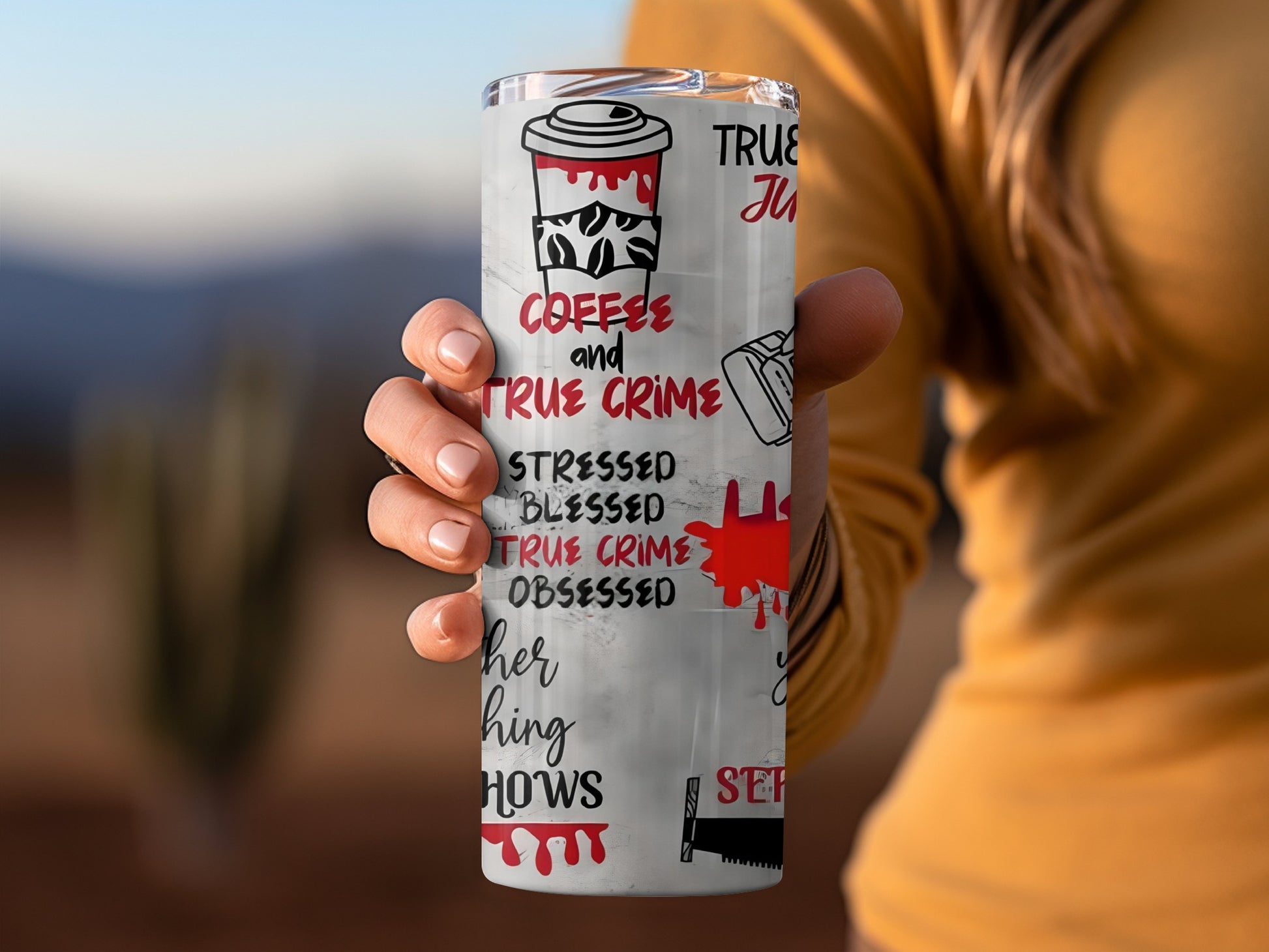 Coffee and True Crime Stressed Blessed Tumbler Product