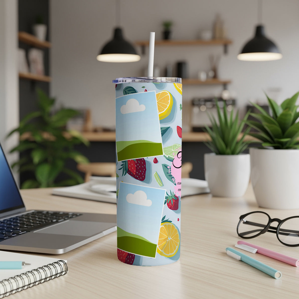 Tumbler with strawberry, lemon, and photo frame pattern.