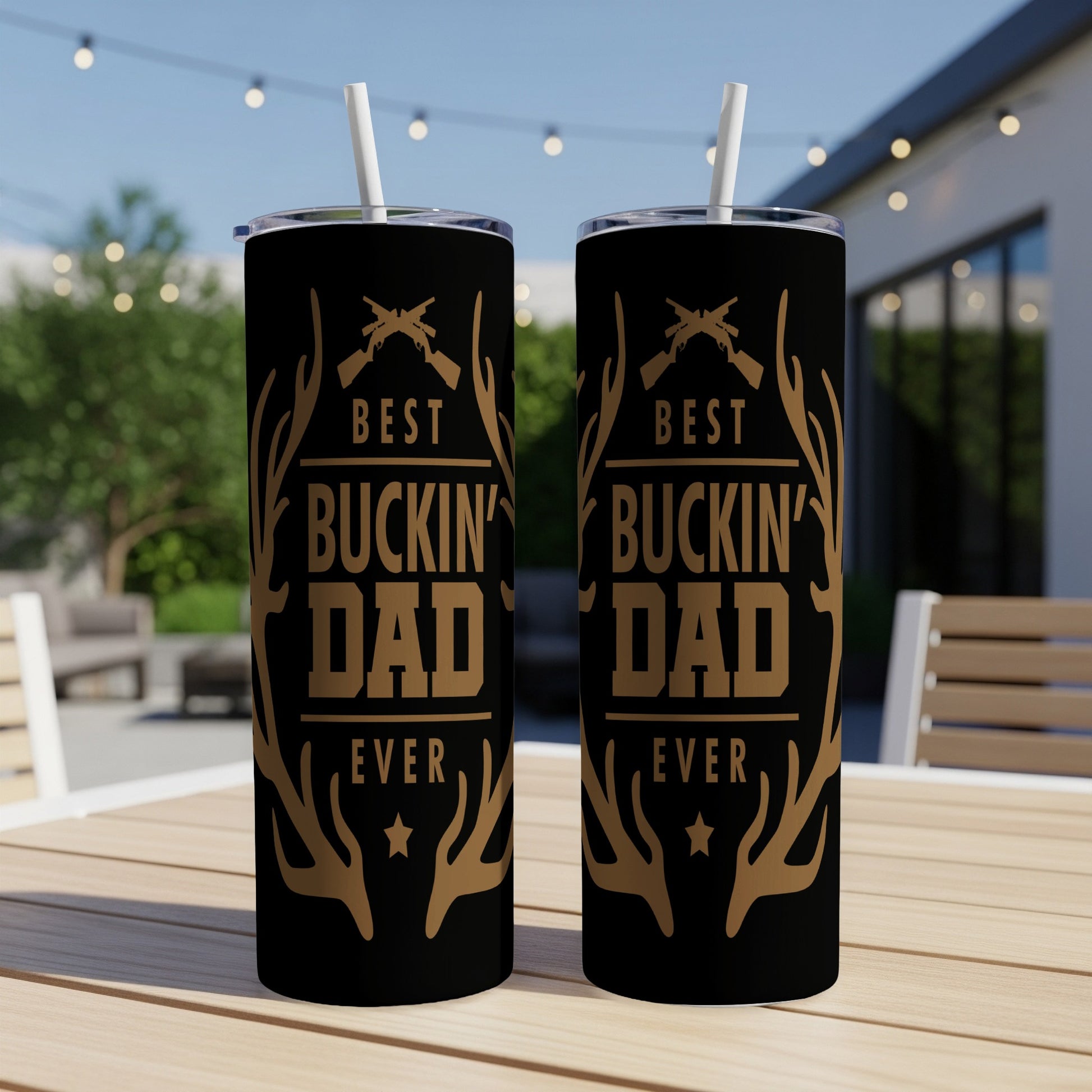 "Best Buckin' Dad Ever" text on gold tumblers with antlers and rifles.