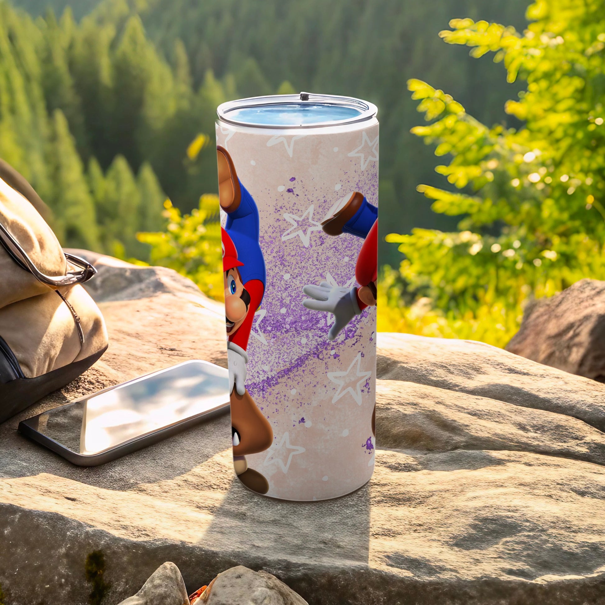 Mario Theme Tumbler with Stars and Violet Sparkles