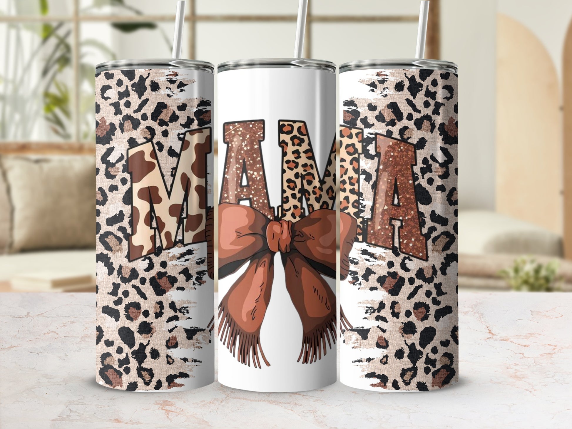 Leopard Print MAMA Bow Design Tumbler