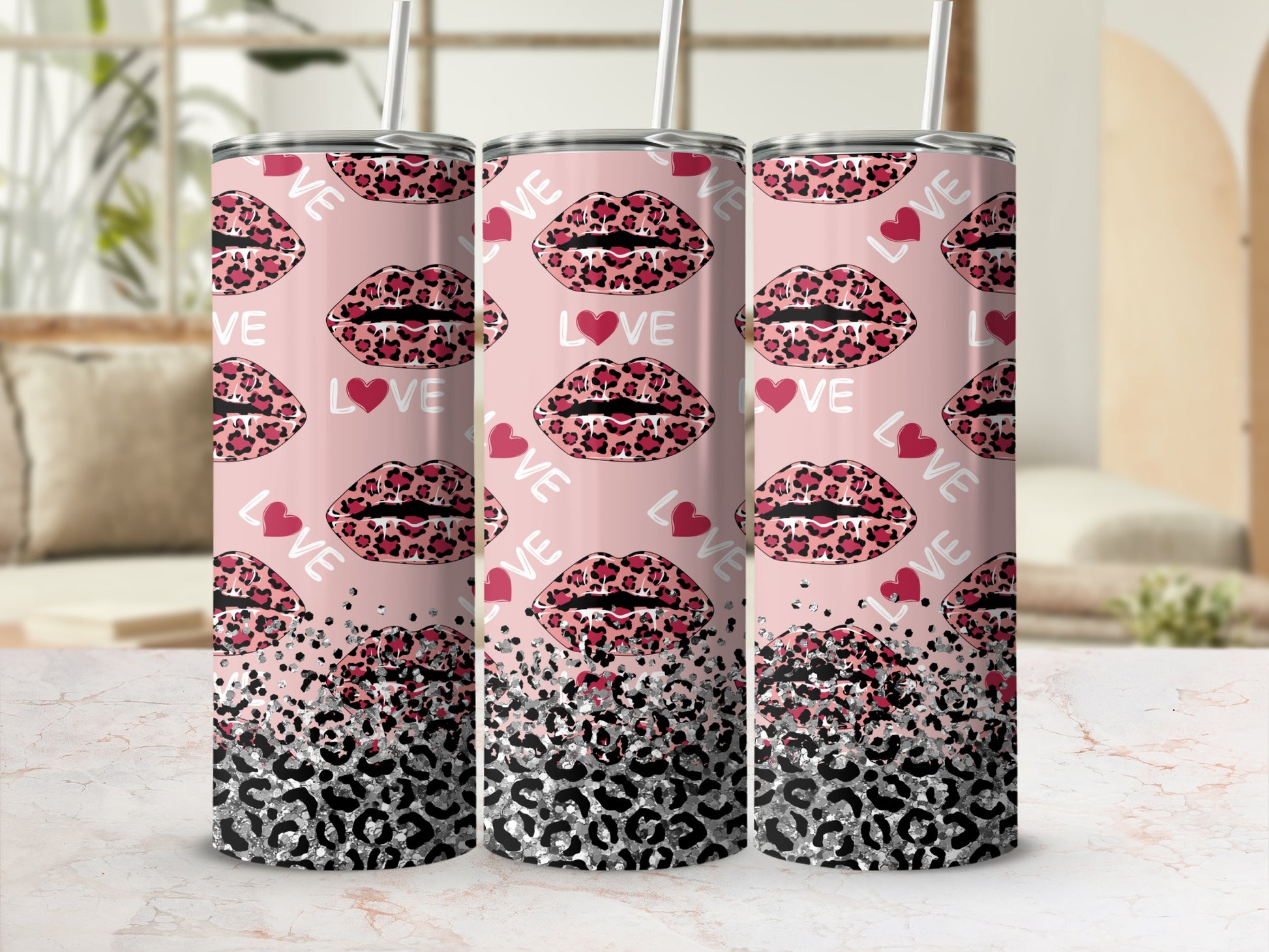 Love Leopard Print Pattern Tumbler with Straw
