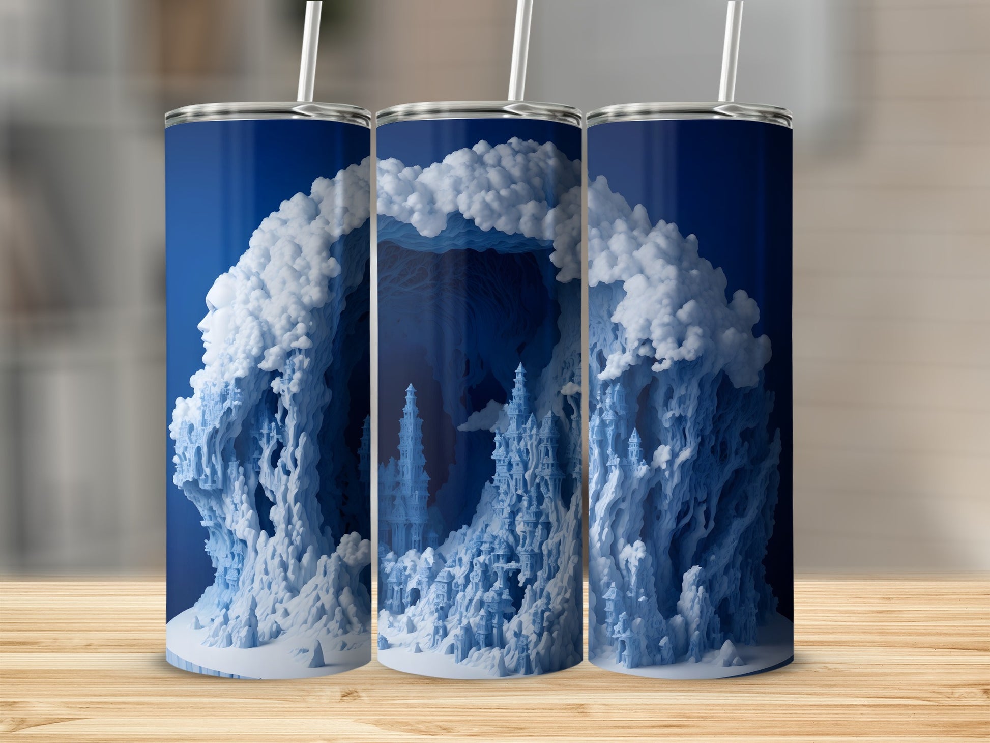 Blue and white snowy castle scene on a tumbler with a straw.