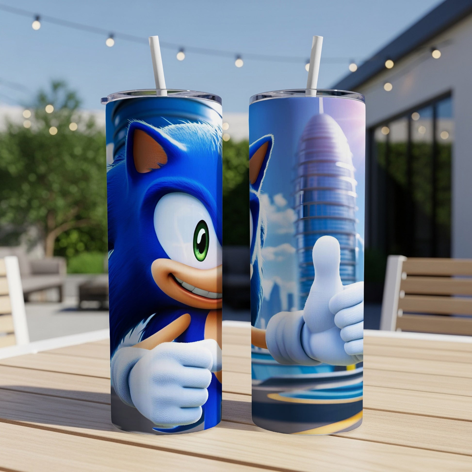 Sonic the Hedgehog gives a thumbs up on a blue tumbler with a modern building background.