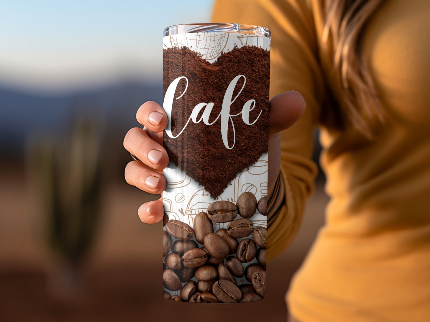 Cafe Themed Travel Tumbler with Coffee Beans Design