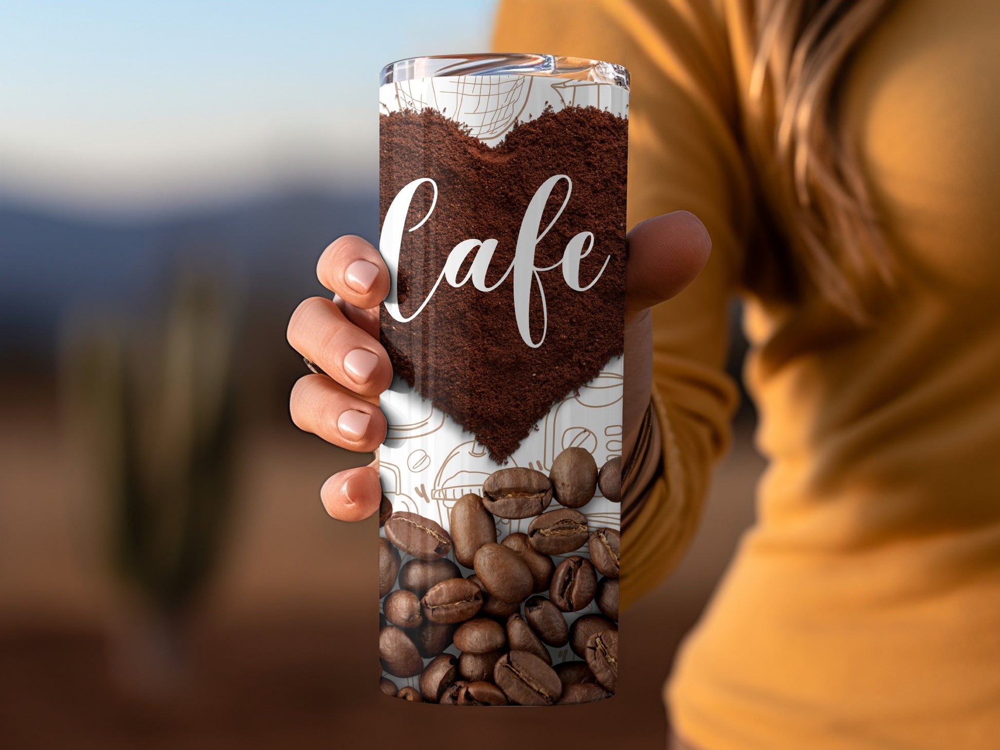 Cafe Themed Travel Tumbler with Coffee Beans Design