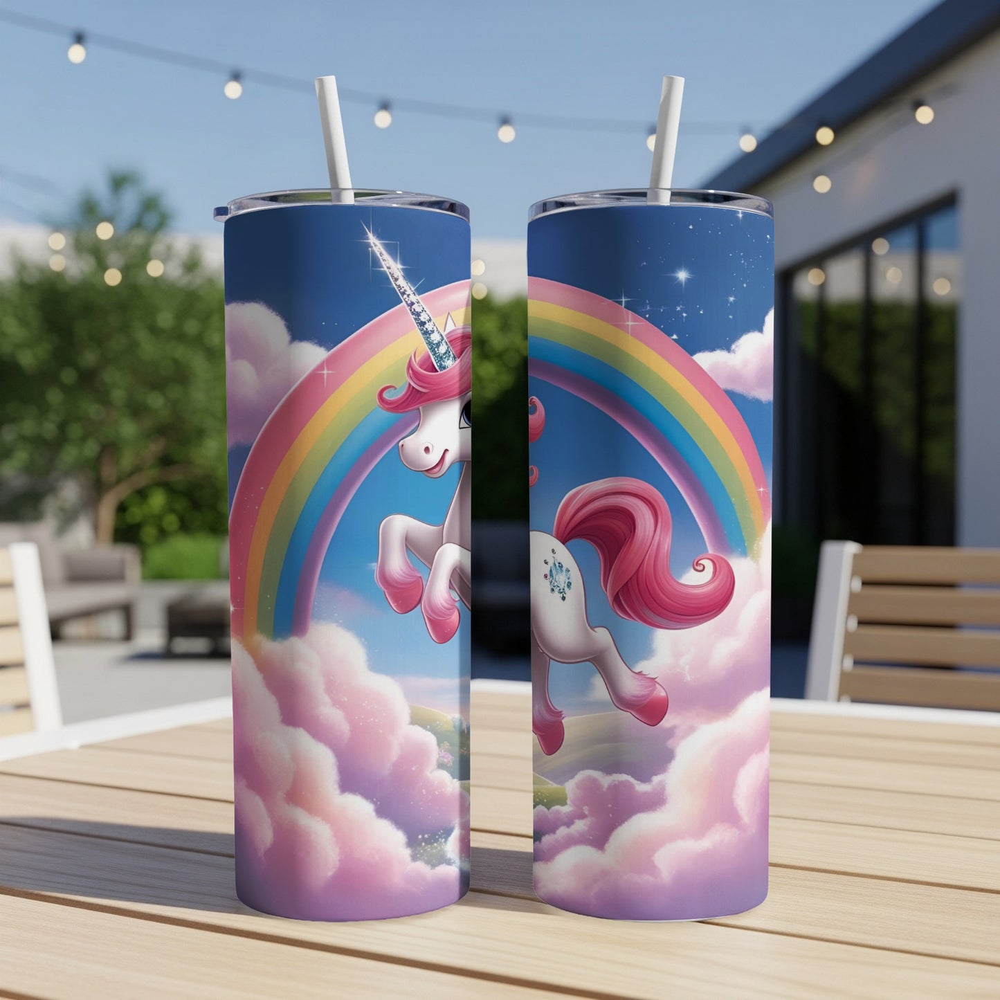 Unicorn and rainbow design on a double-walled tumbler.