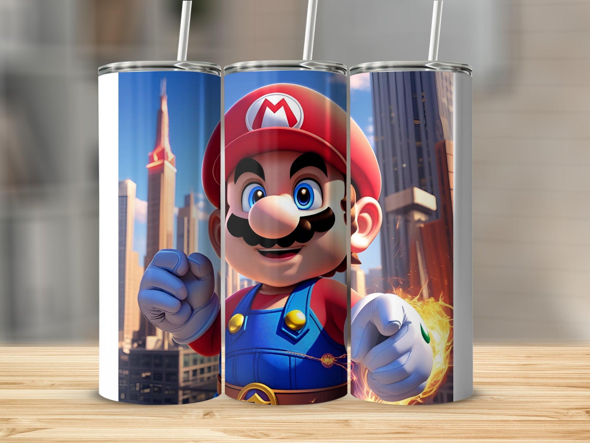 Super Mario character in blue overalls and red hat, holding fist forward.