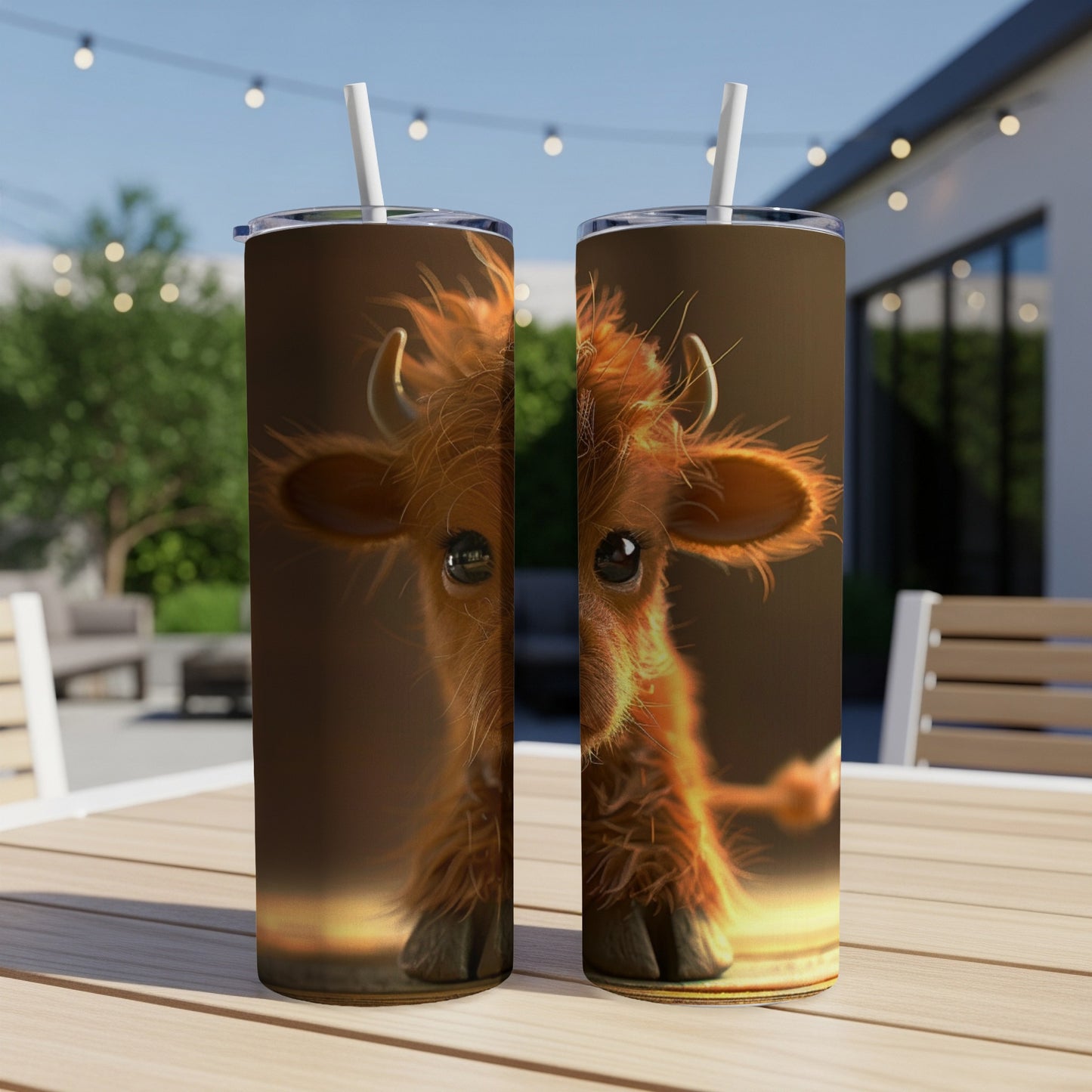 Fluffy baby cow illustration on two tumblers on a table.