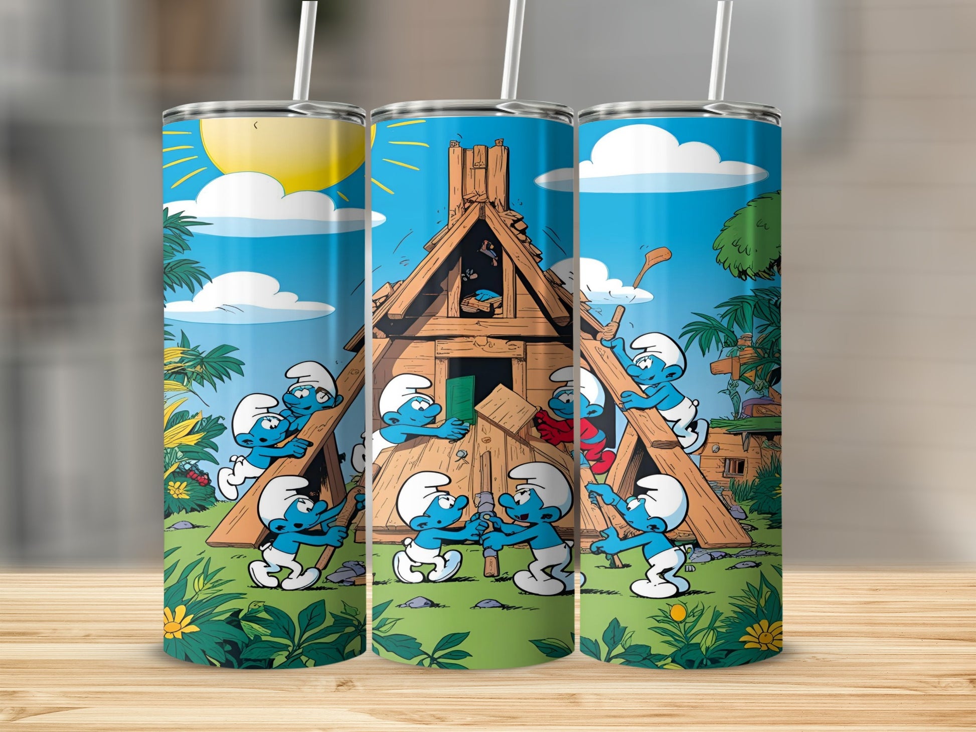 Smurfs building a wooden house under a sunny blue sky.