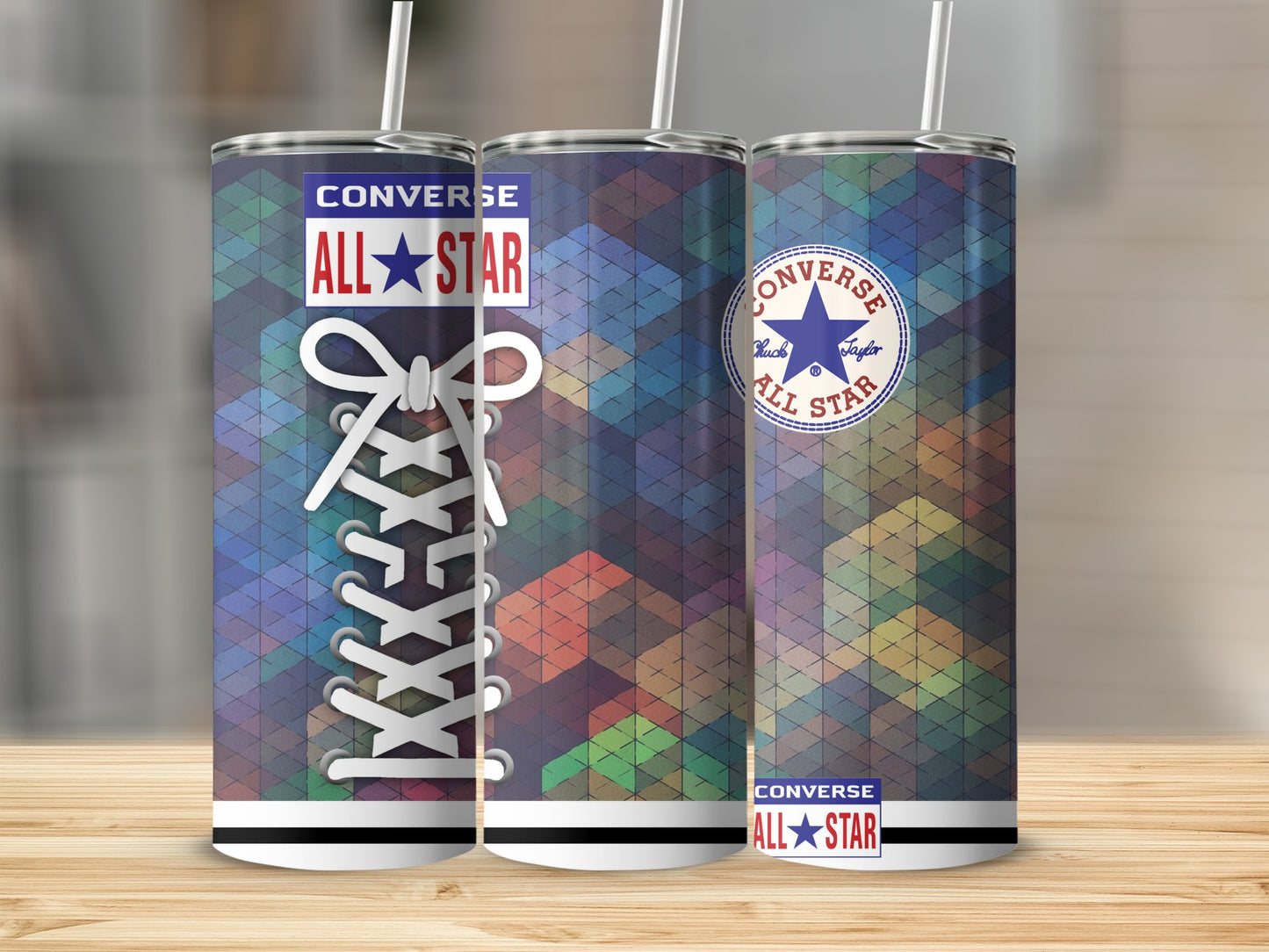 Three Converse All Star tumblers with lacing and geometric pattern.
