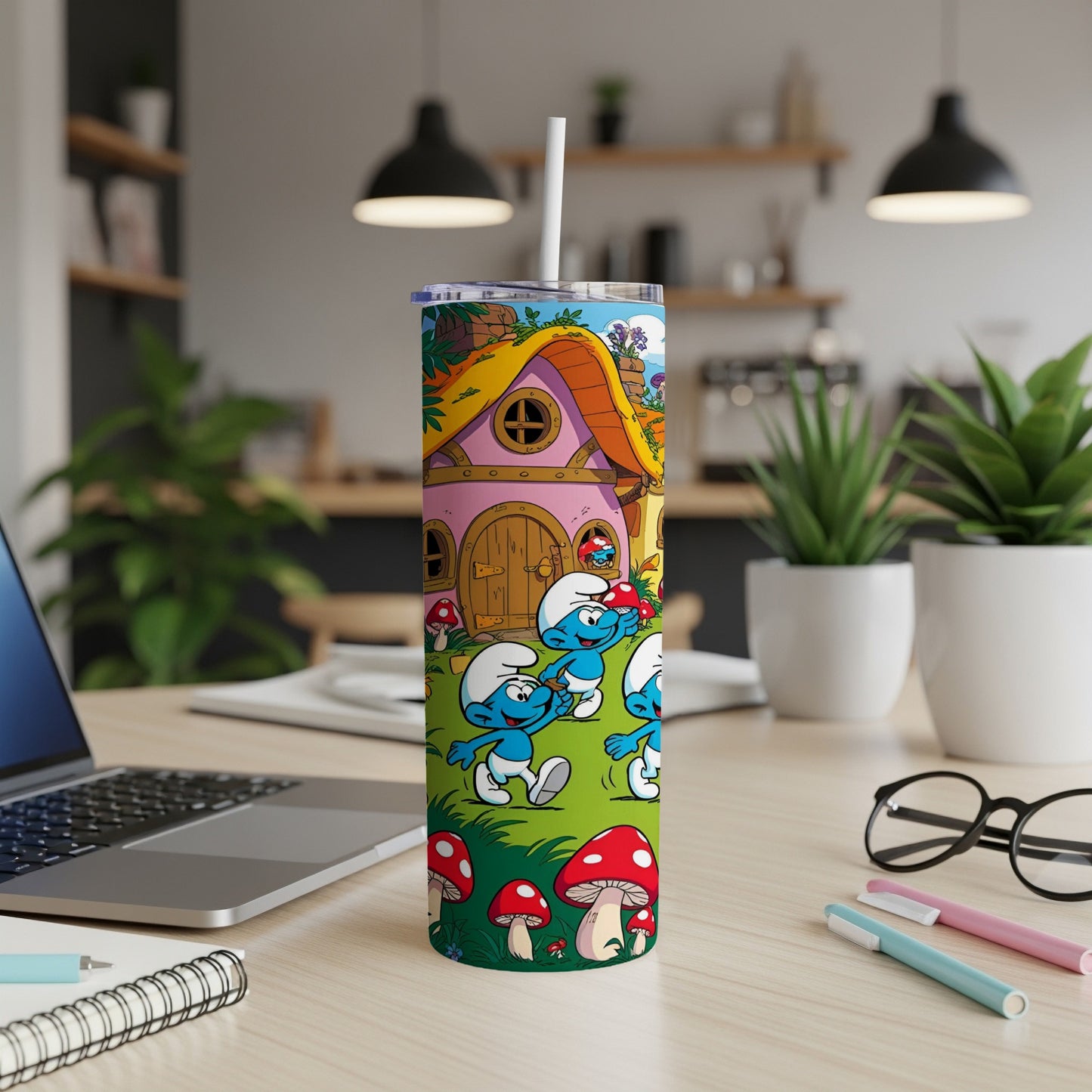 Smurfs walking past a mushroom house on a blue tumbler.