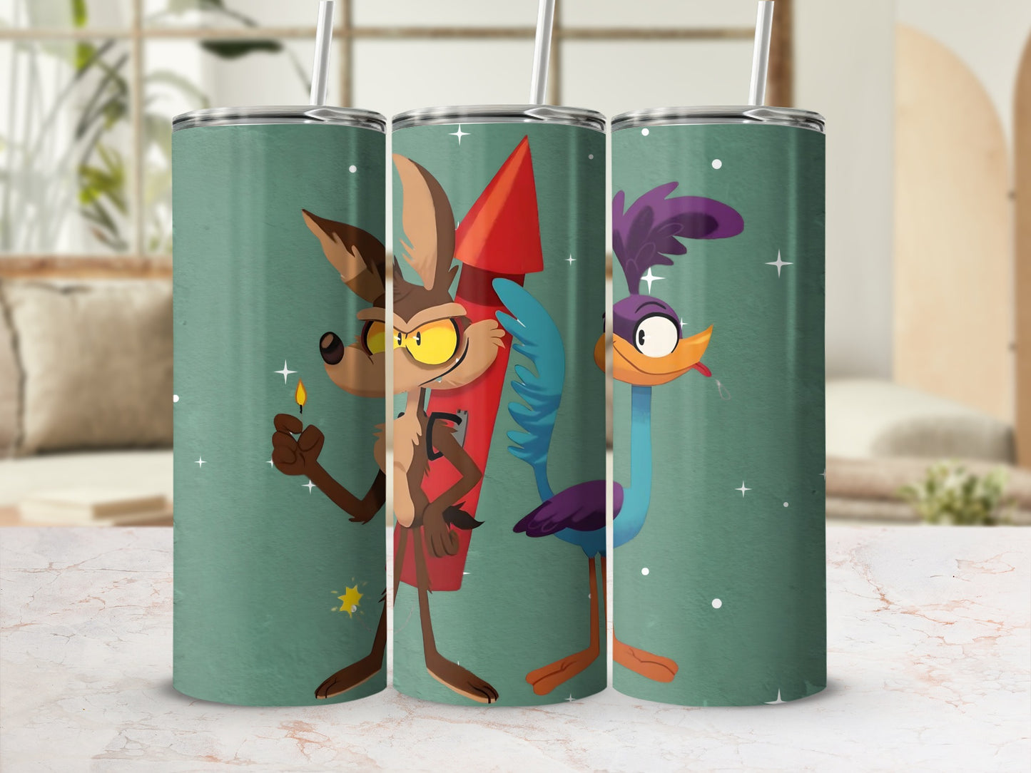 Cartoon Coyote and Bird Design Stainless Steel Tumbler