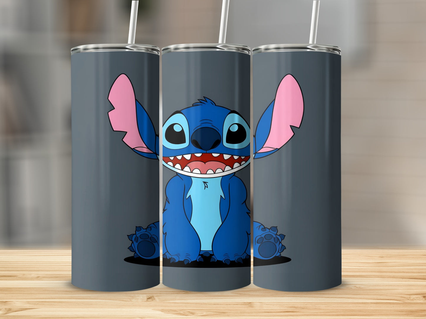 Three tumblers with cartoon Stitch character design.
