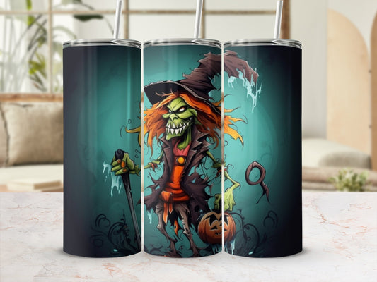 Tumblers featuring a spooky cartoon witch holding a staff and pumpkin.