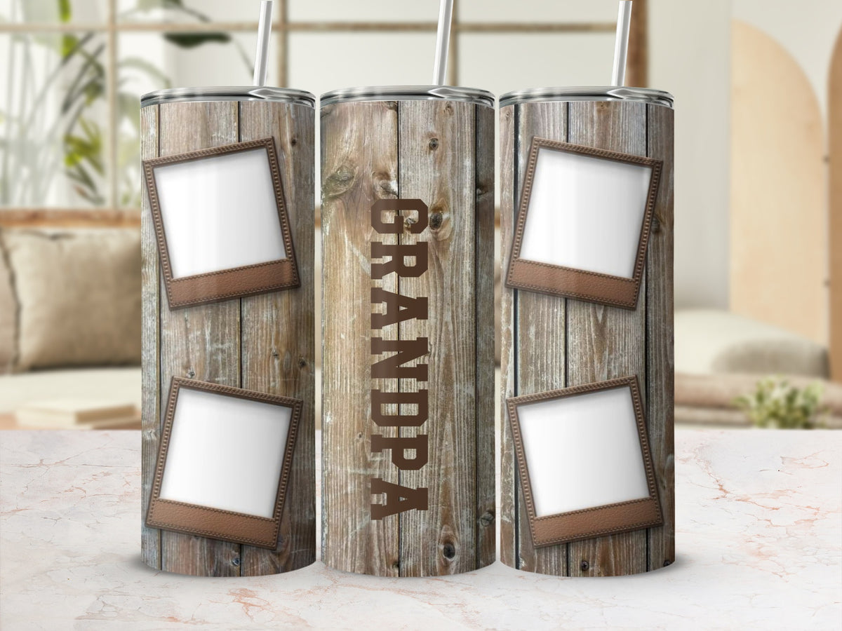Wooden tumbler with four photo frames and the word GRANDPA.