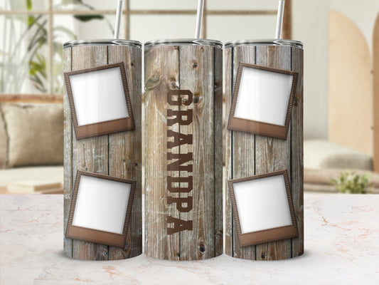 Wooden tumbler with four photo frames and the word GRANDPA.