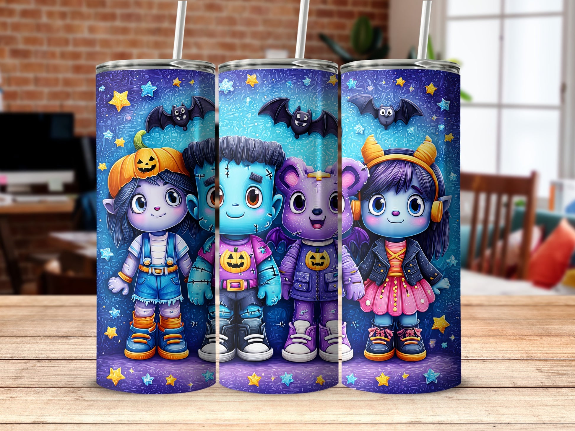 Cute Cartoon Halloween Characters on Blue Background